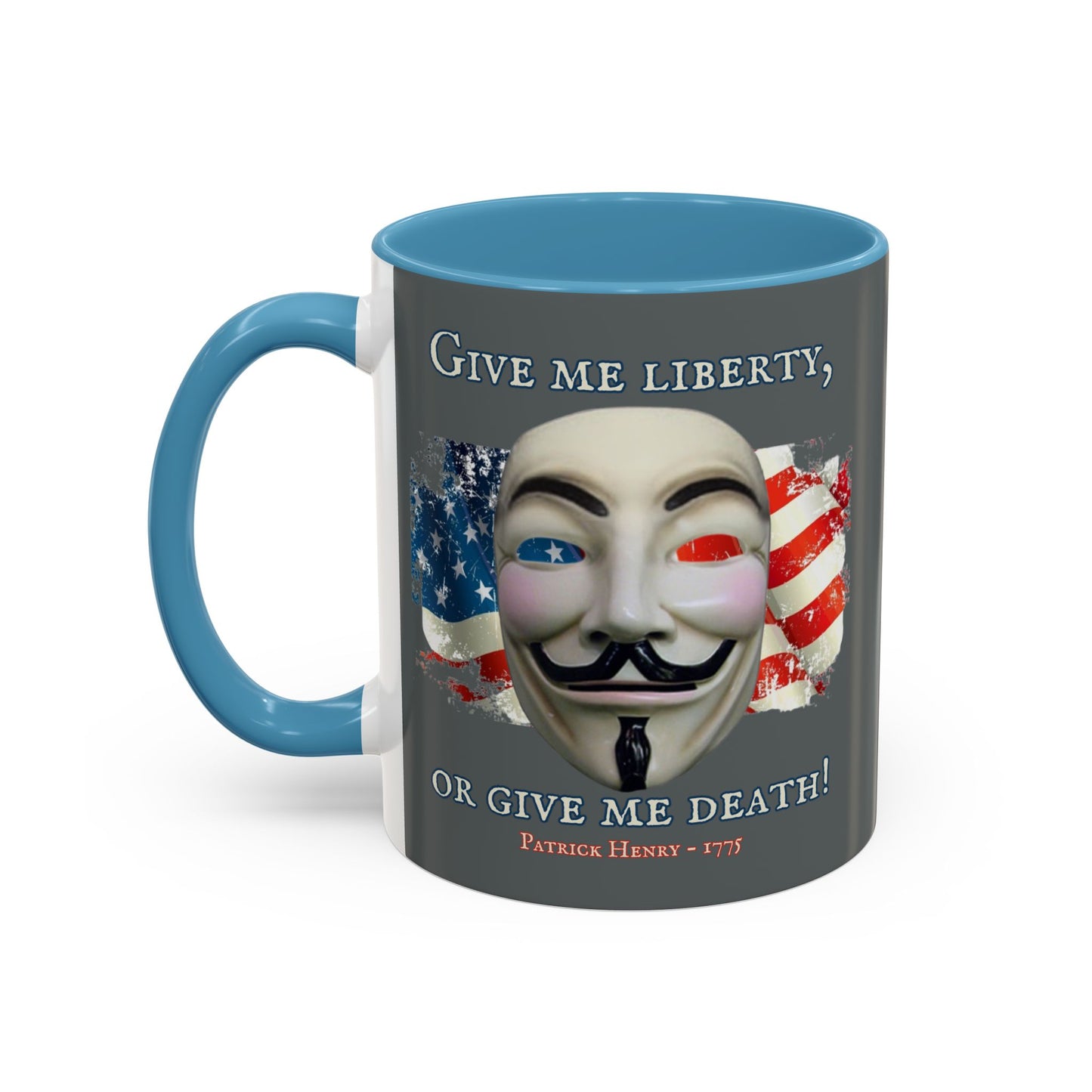 Vendetta, "Give me liberty, or give me death!" Grey Accent Mug by theGreenDragonTavern.shop