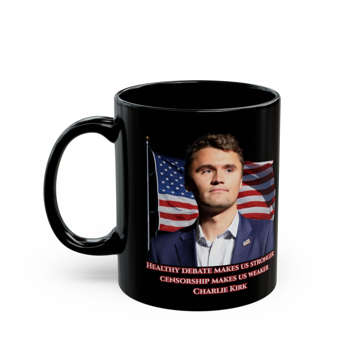 Charlie Kirk, Healthy Debate Black Mug by theGreenDragonTavern.shop