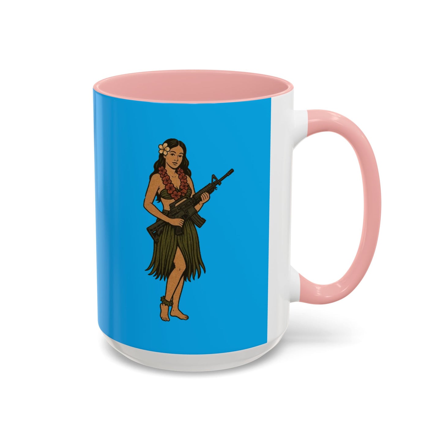 Hula Girl Packin' Heat Light Blue Accent Mug by theGreenDragonTavern.shop
