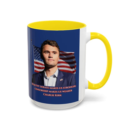 Charlie Kirk, Healthy Debate Blue Accent Mug by theGreenDragonTavern.shop