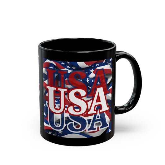 USA White font Center Patriot Black Mug by theGreenDragonTavern.shop