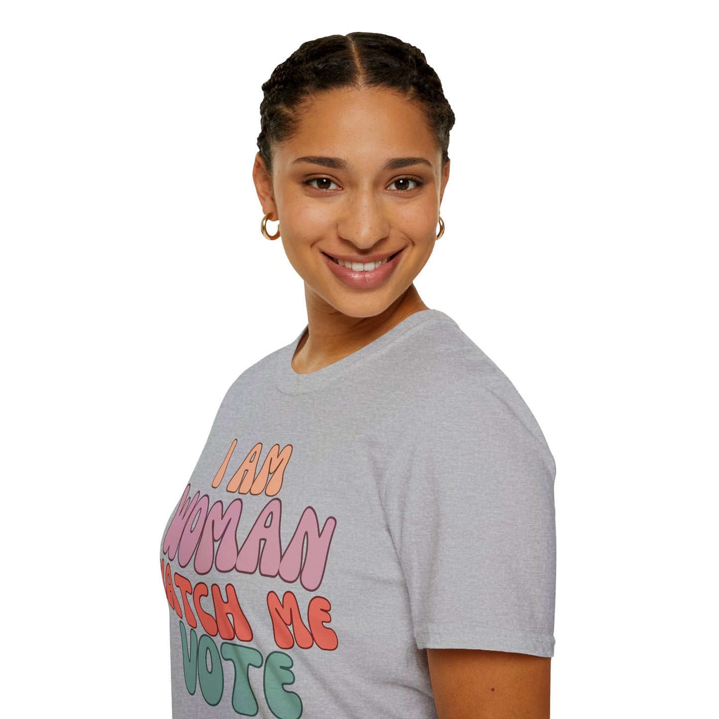 2-sided, I Am Woman Watch Me Vote Light colors Unisex T-Shirt by theGreenDragonTavern.shop