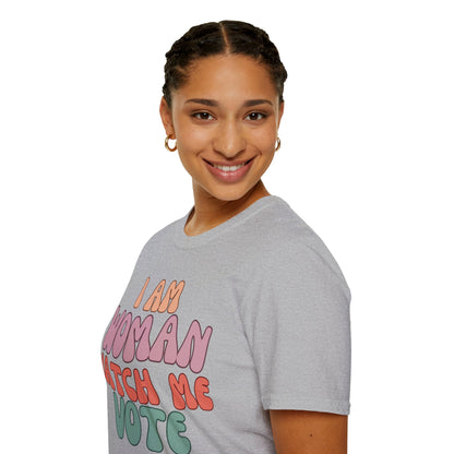 2-sided, I Am Woman Watch Me Vote Light colors Unisex T-Shirt by theGreenDragonTavern.shop