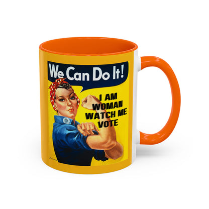 I Am Woman Watch Me Vote Rosie Yellow Accent Mug by theGreenDragonTavern.shop