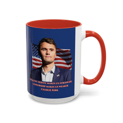 Charlie Kirk, Healthy Debate Blue Accent Mug by theGreenDragonTavern.shop