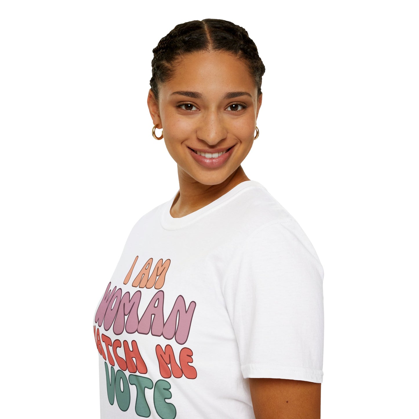 2-sided, I Am Woman Watch Me Vote Light colors Unisex T-Shirt by theGreenDragonTavern.shop