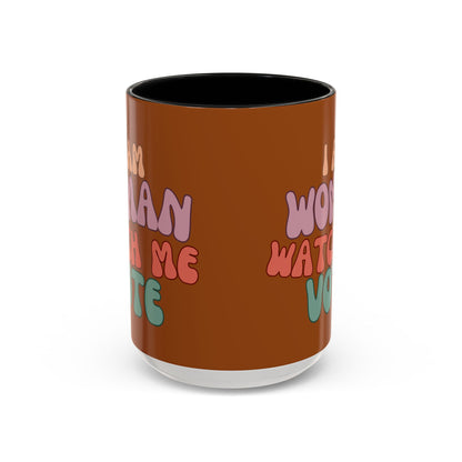 I Am Woman Watch Me Vote Brown Accent Mug by theGreenDragonTavern.shop