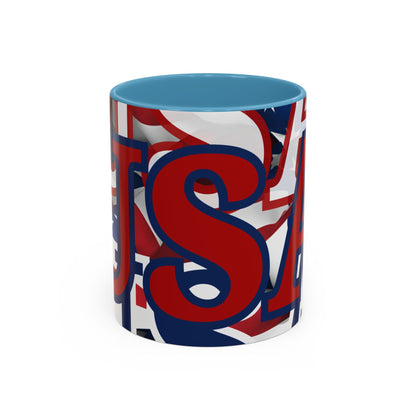 USA! USA! USA Red font Patriot White Accent Mug by theGreenDragonTavern.shop