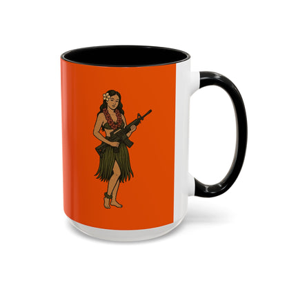 Hula Girl Packin' Heat Orange Accent Mug by theGreenDragonTavern.shop