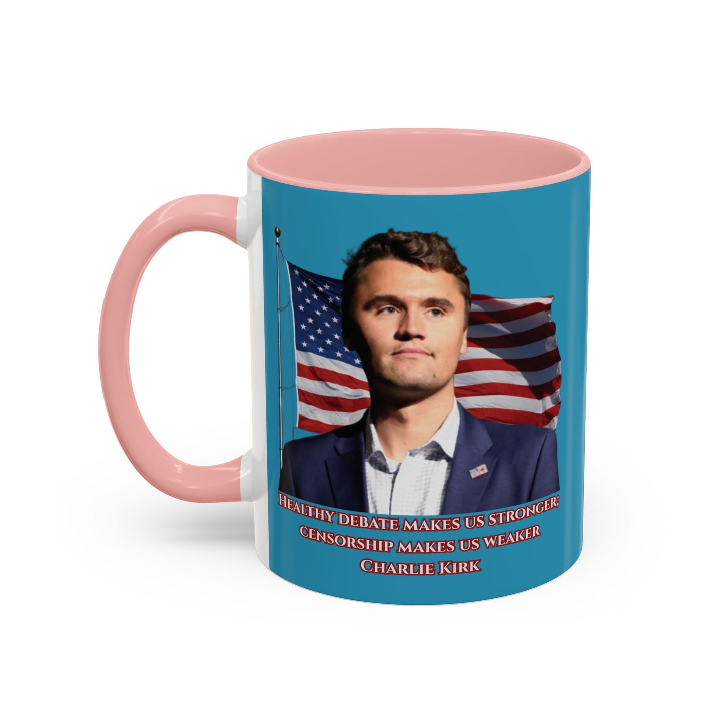 Charlie Kirk, Healthy Debate Turquoise Accent Mug by theGreenDragonTavern.shop
