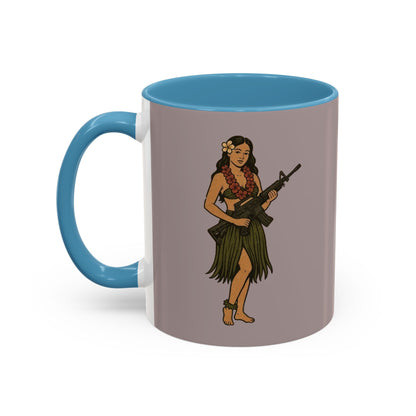 Hula Girl Packin' Heat Grey Accent Mug by theGreenDragonTavern.shop
