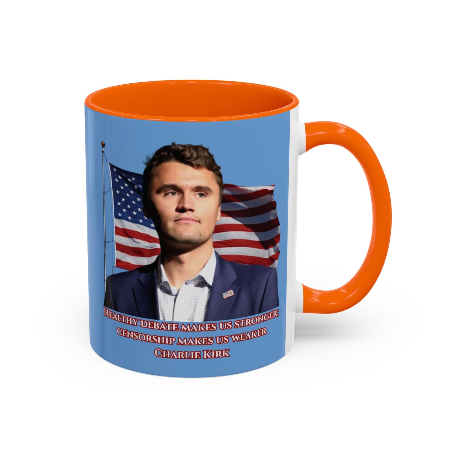 Charlie Kirk, Healthy Debate Light Blue Accent Mug by theGreenDragonTavern.shop