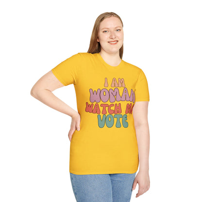 2-sided, I Am Woman Watch Me Vote Light colors Unisex T-Shirt by theGreenDragonTavern.shop