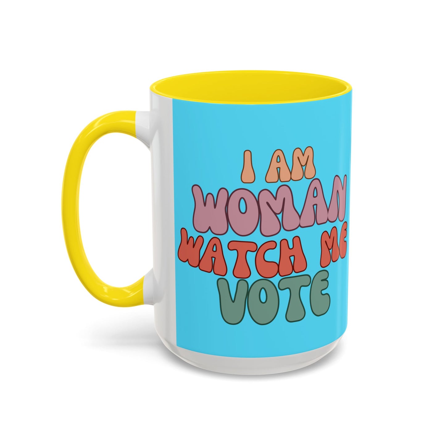 I Am Woman Watch Me Vote Light Blue Accent Mug by theGreenDragonTavern.shop
