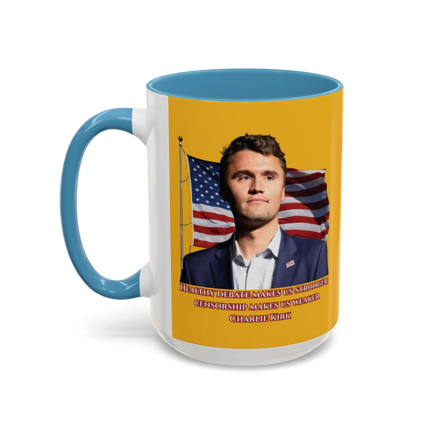 Charlie Kirk, Healthy Debate Yellow Accent Mug by theGreenDragonTavern.shop