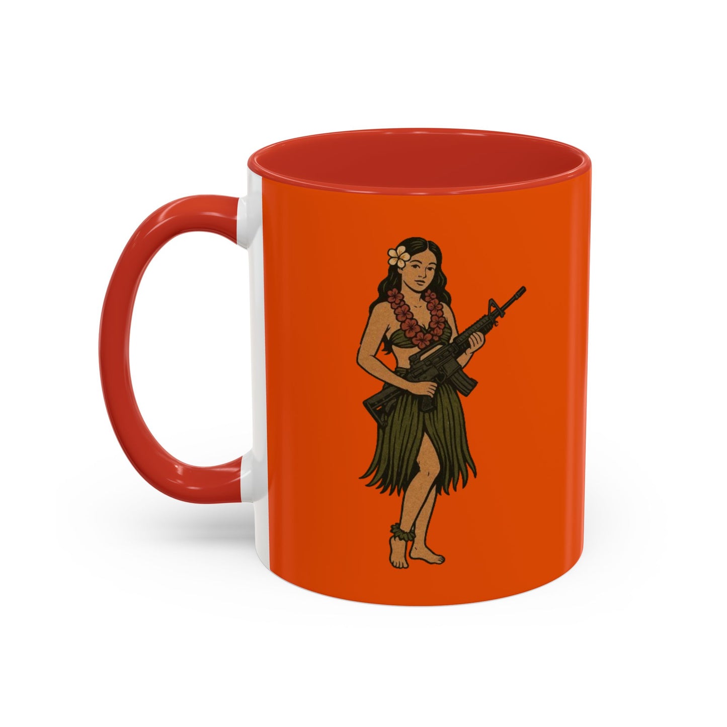 Hula Girl Packin' Heat Orange Accent Mug by theGreenDragonTavern.shop