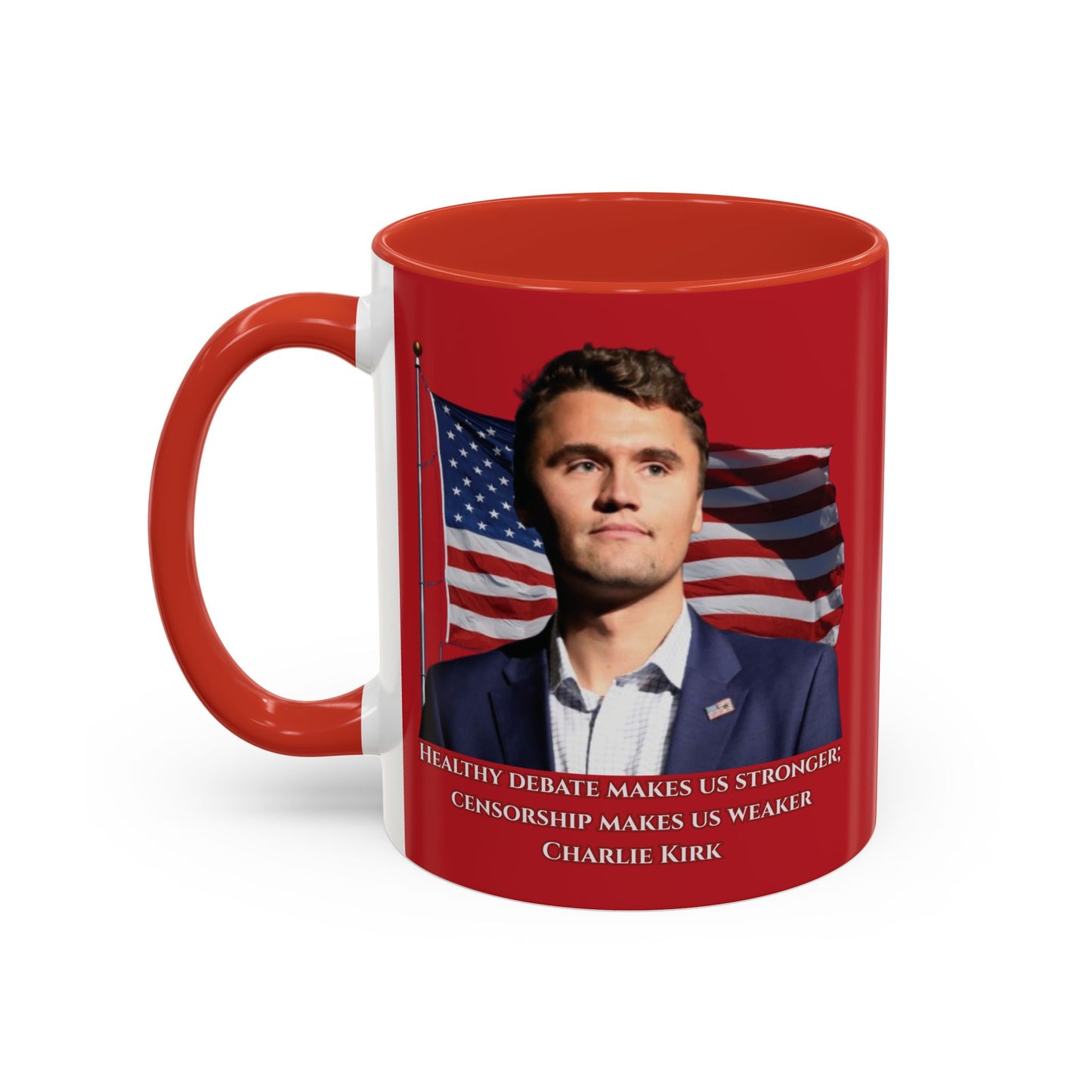 Charlie Kirk, Healthy Debate Red Accent Mug by theGreenDragonTavern.shop