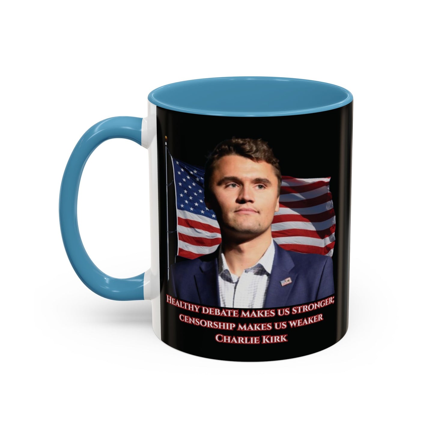 Charlie Kirk, Healthy Debate Black Accent Mug by theGreenDragonTavern.shop