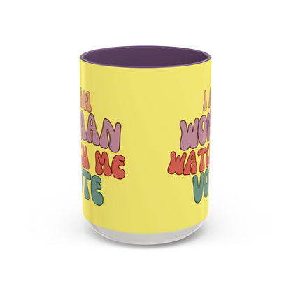 I Am Woman Watch Me Vote Yellow Accent Mug by theGreenDragonTavern.shop