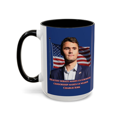 Charlie Kirk, Healthy Debate Blue Accent Mug by theGreenDragonTavern.shop