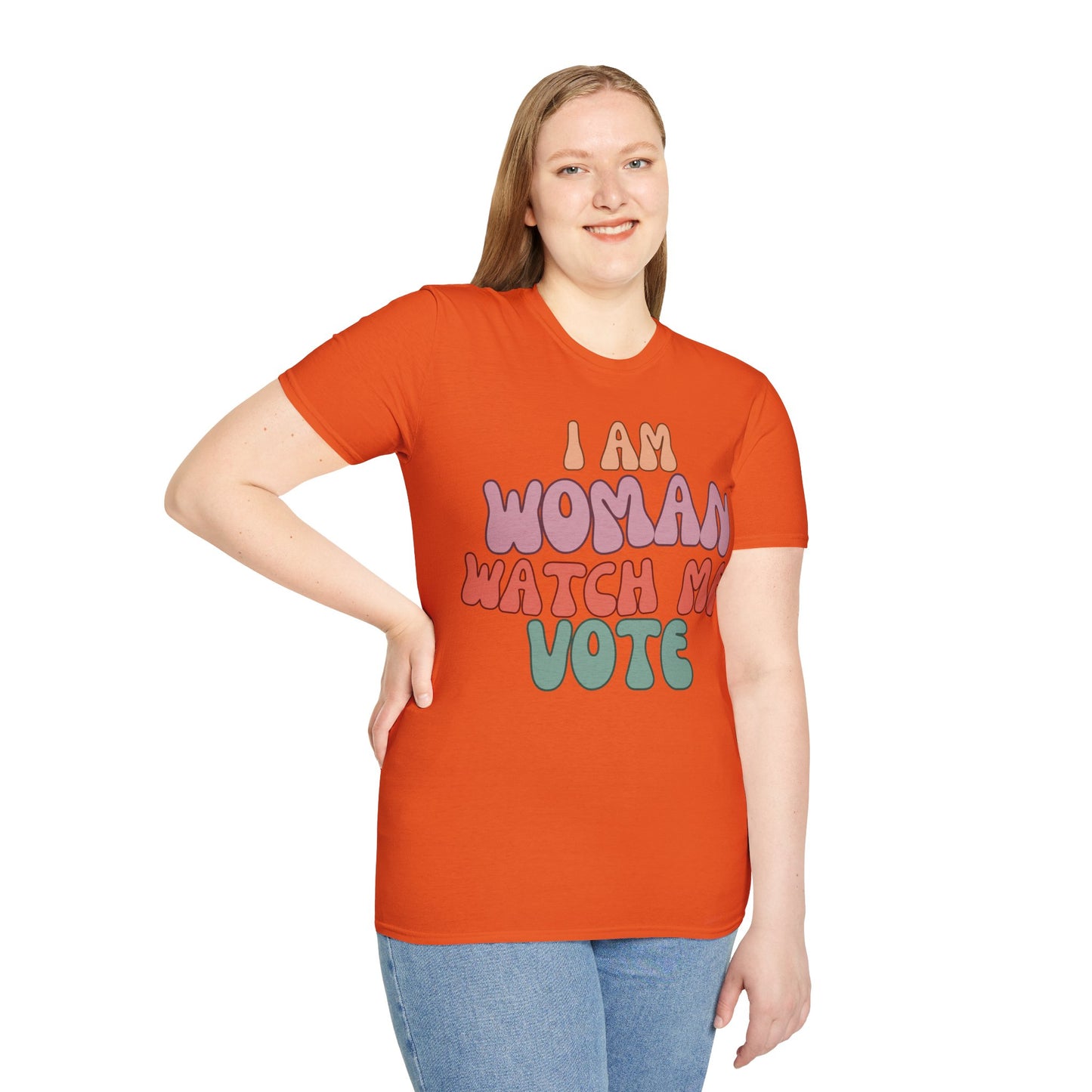 2-sided, I Am Woman Watch Me Vote Light colors Unisex T-Shirt by theGreenDragonTavern.shop