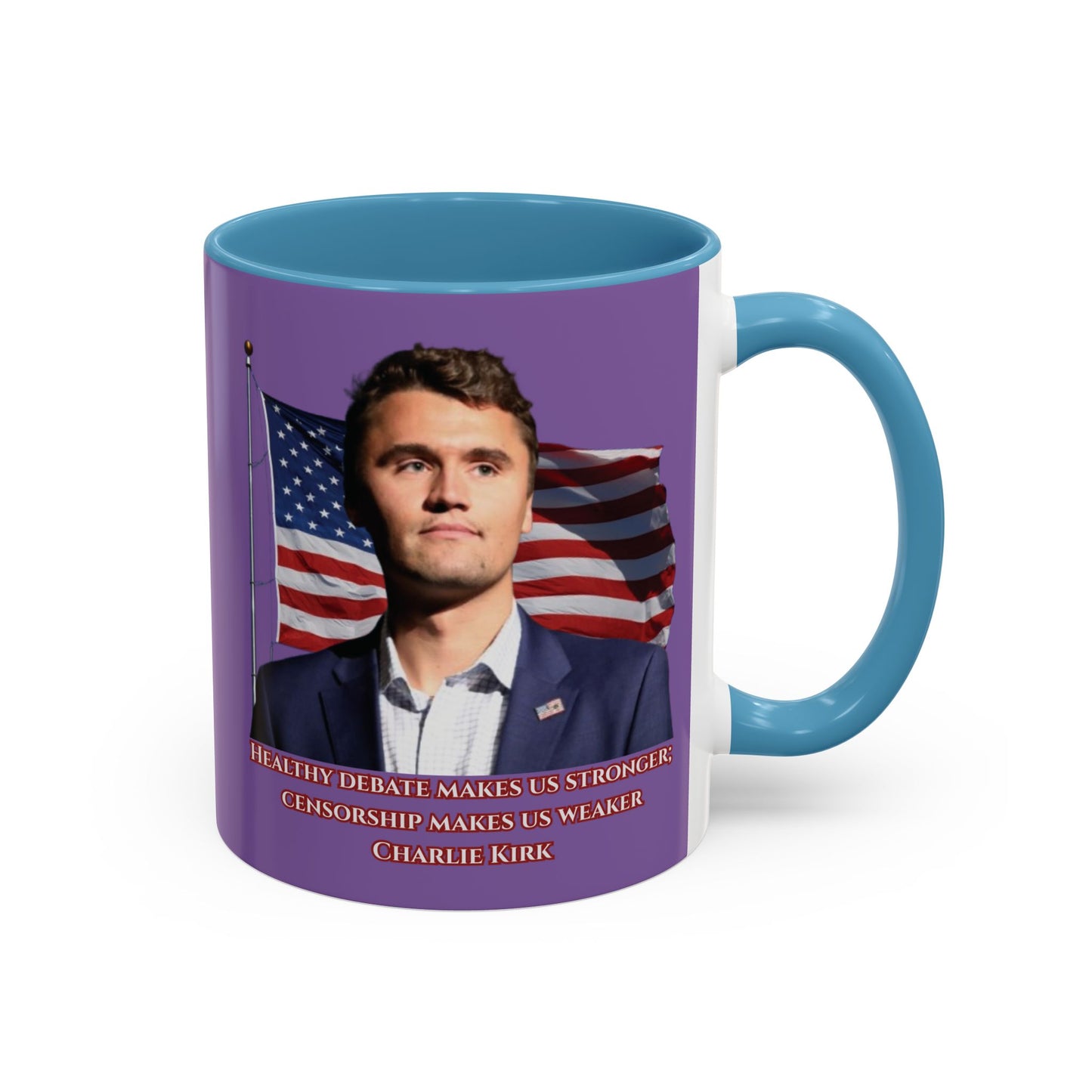 Charlie Kirk, Healthy Debate Light Purple Accent Mug by theGreenDragonTavern.shop