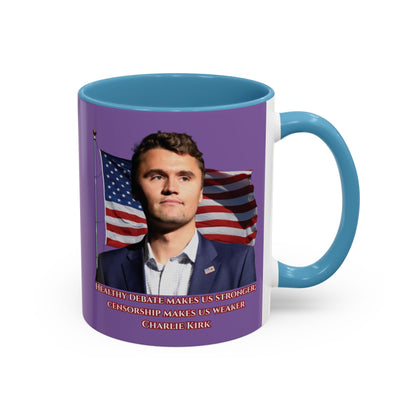 Charlie Kirk, Healthy Debate Light Purple Accent Mug by theGreenDragonTavern.shop