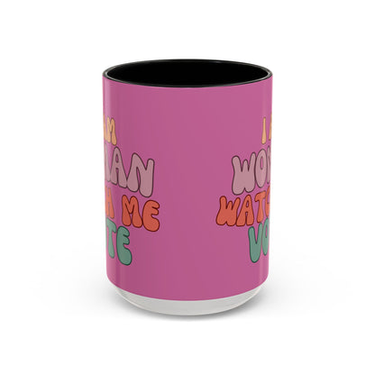 I Am Woman Watch Me Vote Pink Accent Mug by theGreenDragonTavern.shop