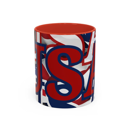 USA! USA! USA Red font Patriot Red Accent Mug by theGreenDragonTavern.shop
