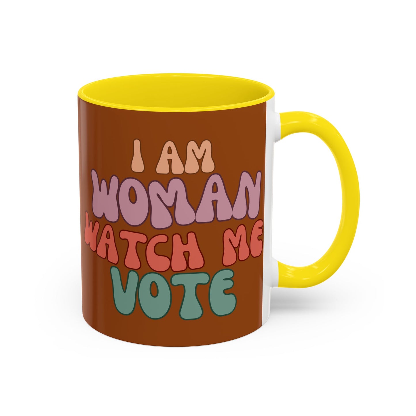 I Am Woman Watch Me Vote Brown Accent Mug by theGreenDragonTavern.shop