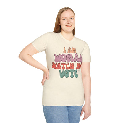 2-sided, I Am Woman Watch Me Vote Light colors Unisex T-Shirt by theGreenDragonTavern.shop