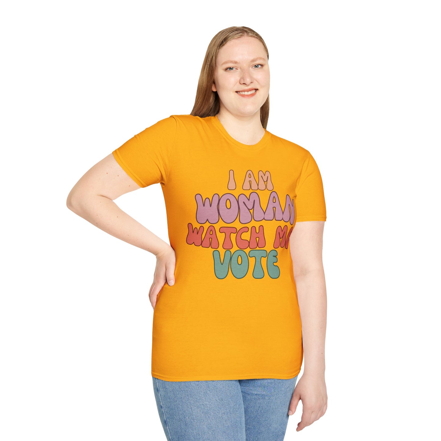 2-sided, I Am Woman Watch Me Vote Light colors Unisex T-Shirt by theGreenDragonTavern.shop