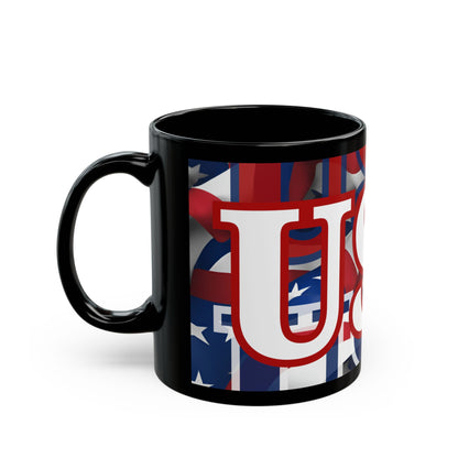 USA! USA! USA White font Patriot Black Mug by theGreenDragonTavern.shop