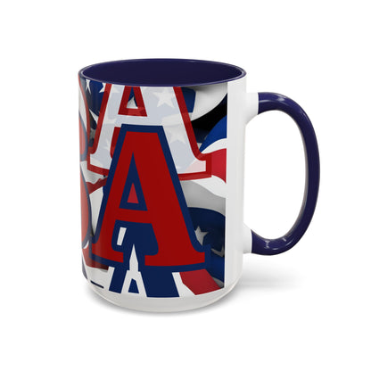 USA! USA! USA Red font Patriot Blue Accent Mug by theGreenDragonTavern.shop