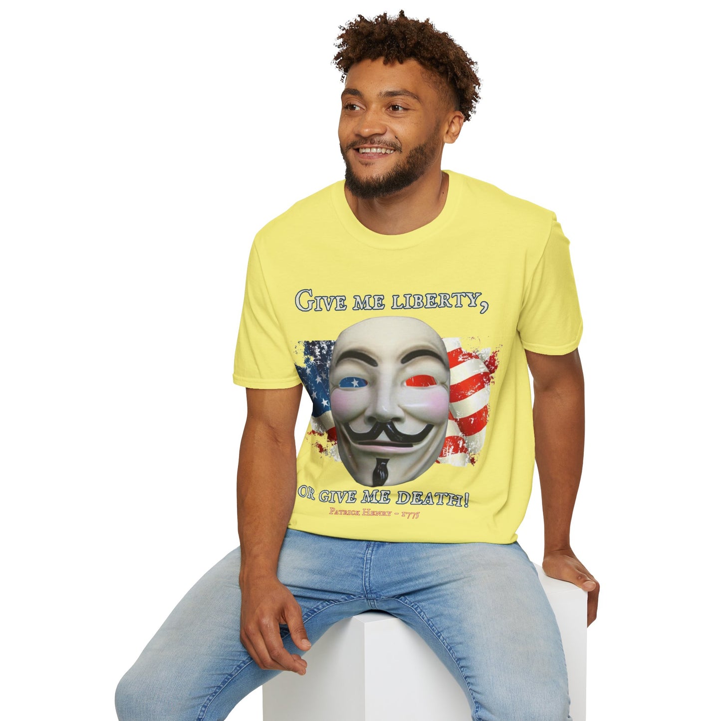 Vendetta, "Give me liberty, or give me death!" Light colors Unisex T-Shirt by theGreenDragonTavern.shop
