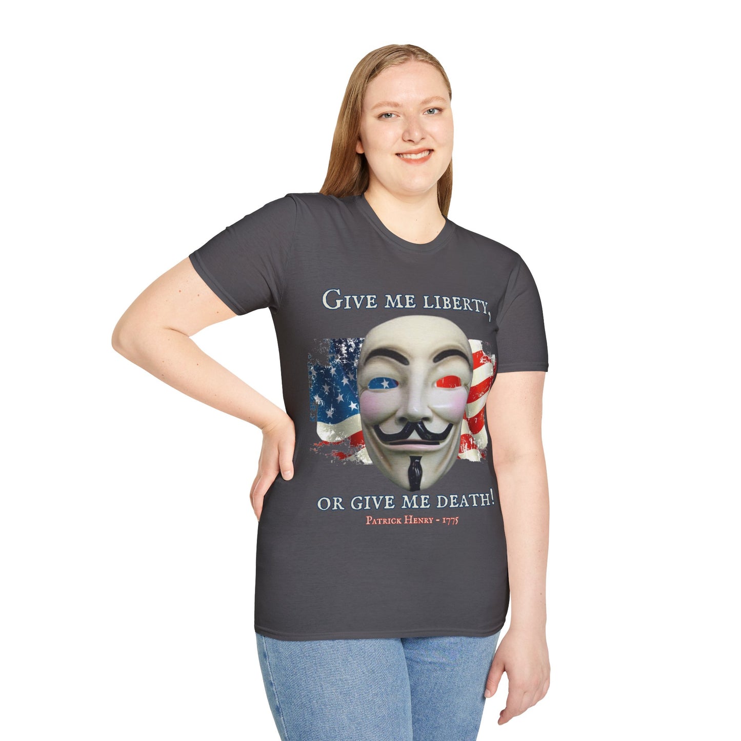 Vendetta, "Give me liberty, or give me death!" Dark colors Unisex T-Shirt by theGreenDragonTavern.shop