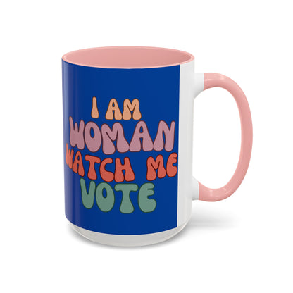 I Am Woman Watch Me Vote Dark Blue Accent Mug by theGreenDragonTavern.shop