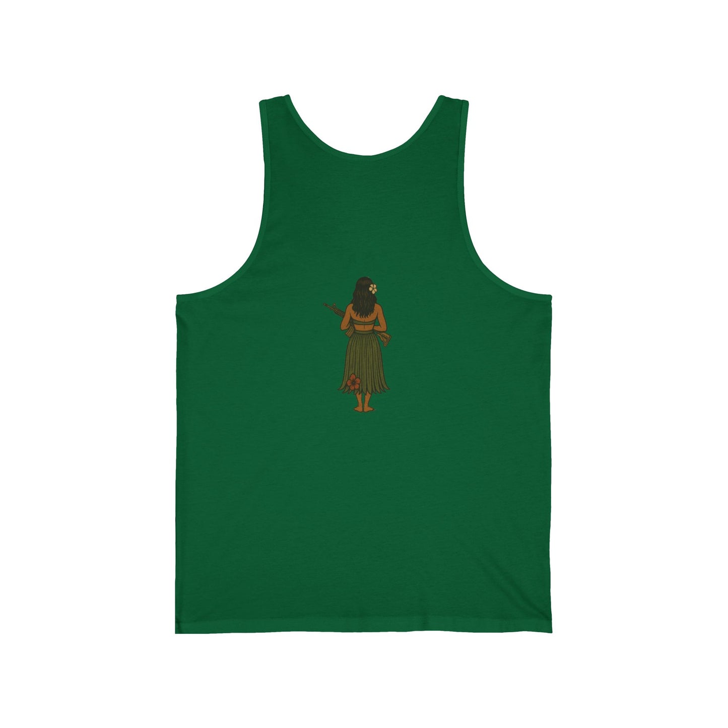2-sided, Hula Girl Packin' Heat Unisex Jersey Tank Top by theGreenDragonTavern.shop