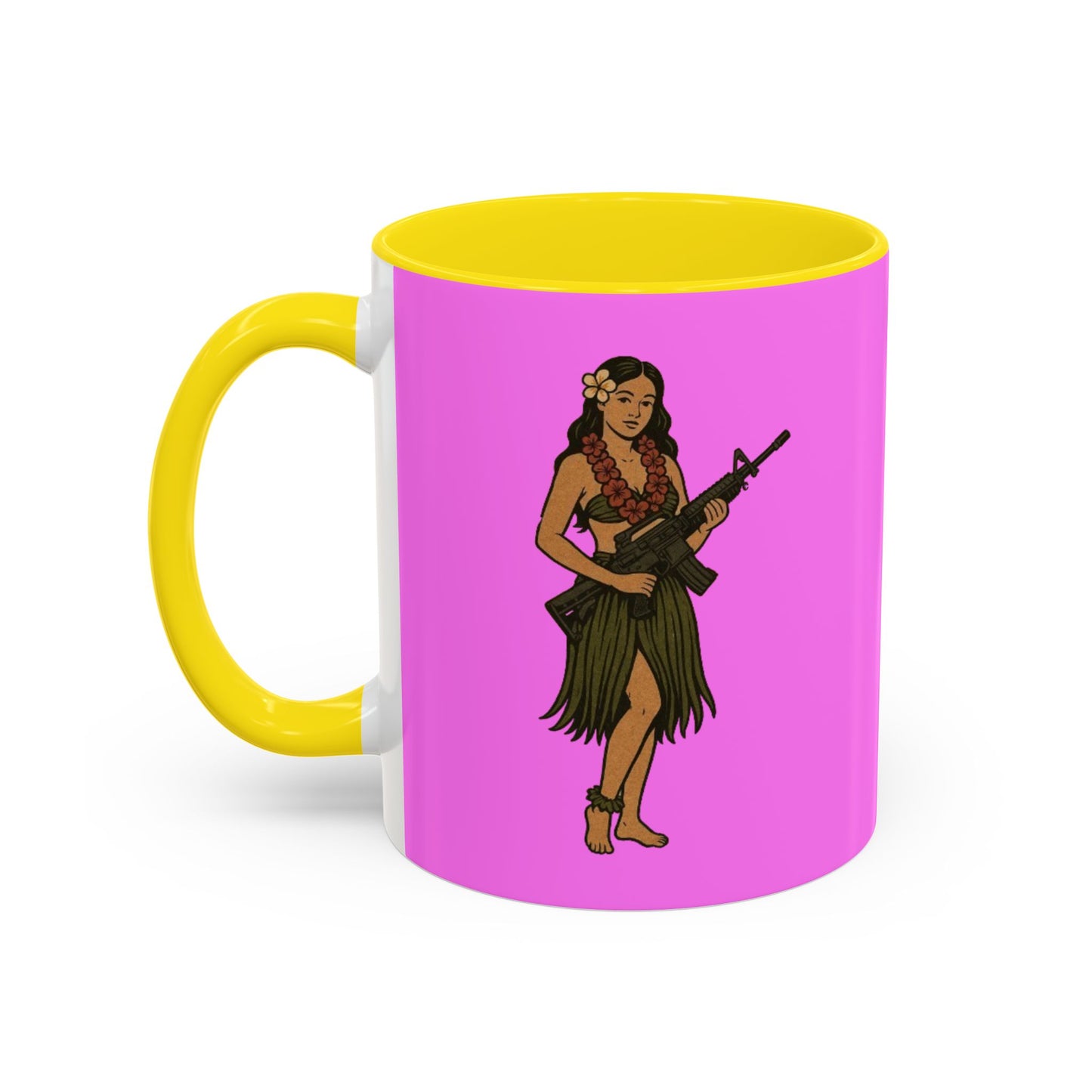 Hula Girl Packin' Heat Pink Accent Mug by theGreenDragonTavern.shop