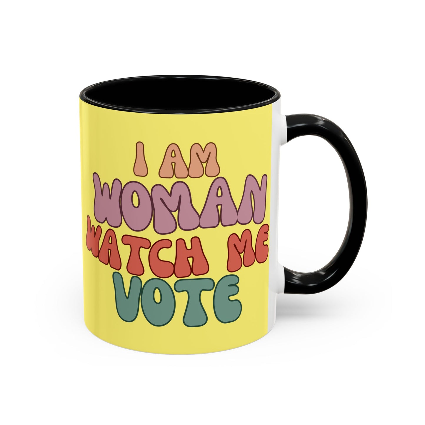 I Am Woman Watch Me Vote Yellow Accent Mug by theGreenDragonTavern.shop