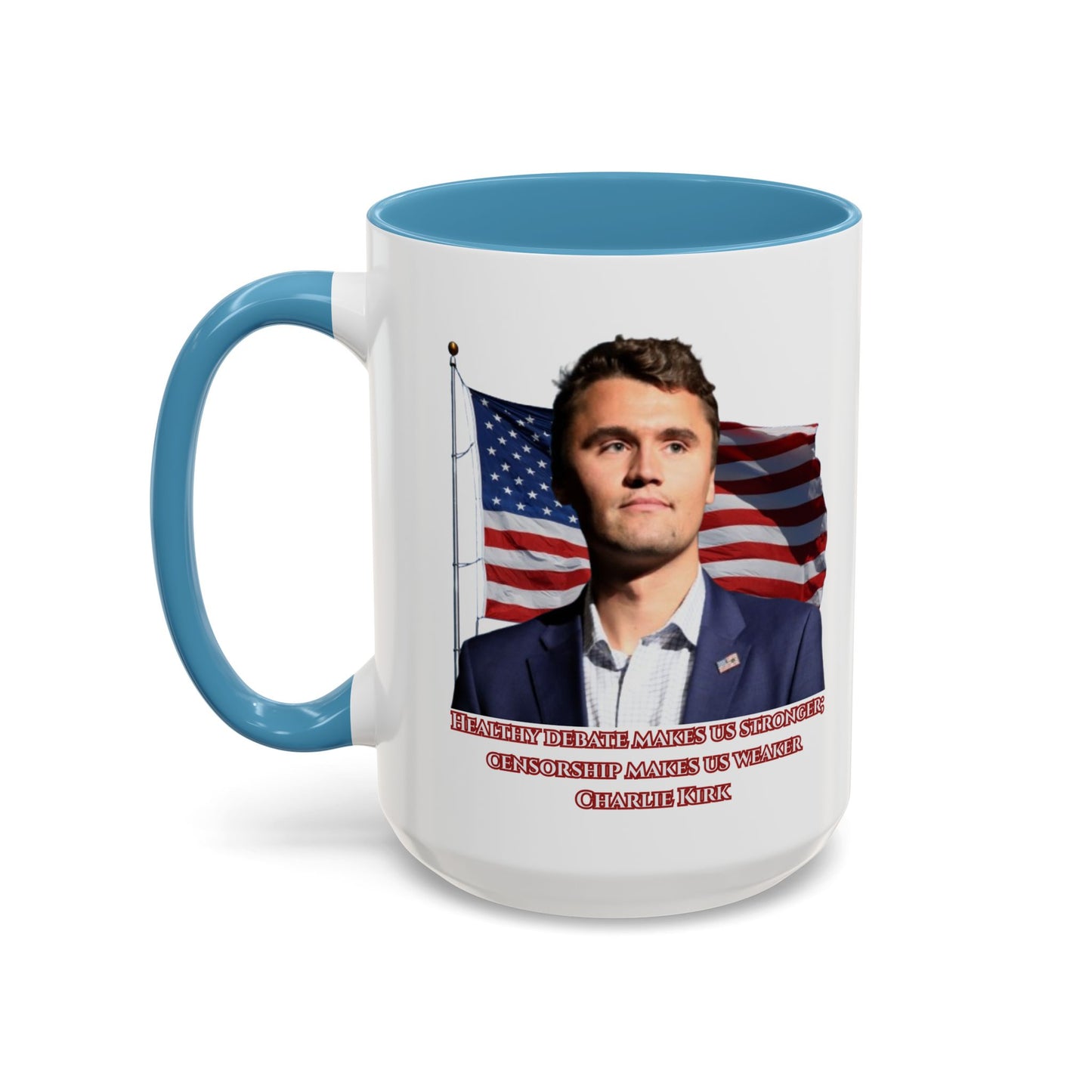 Charlie Kirk, Healthy Debate White Accent Mug by theGreenDragonTavern.shop