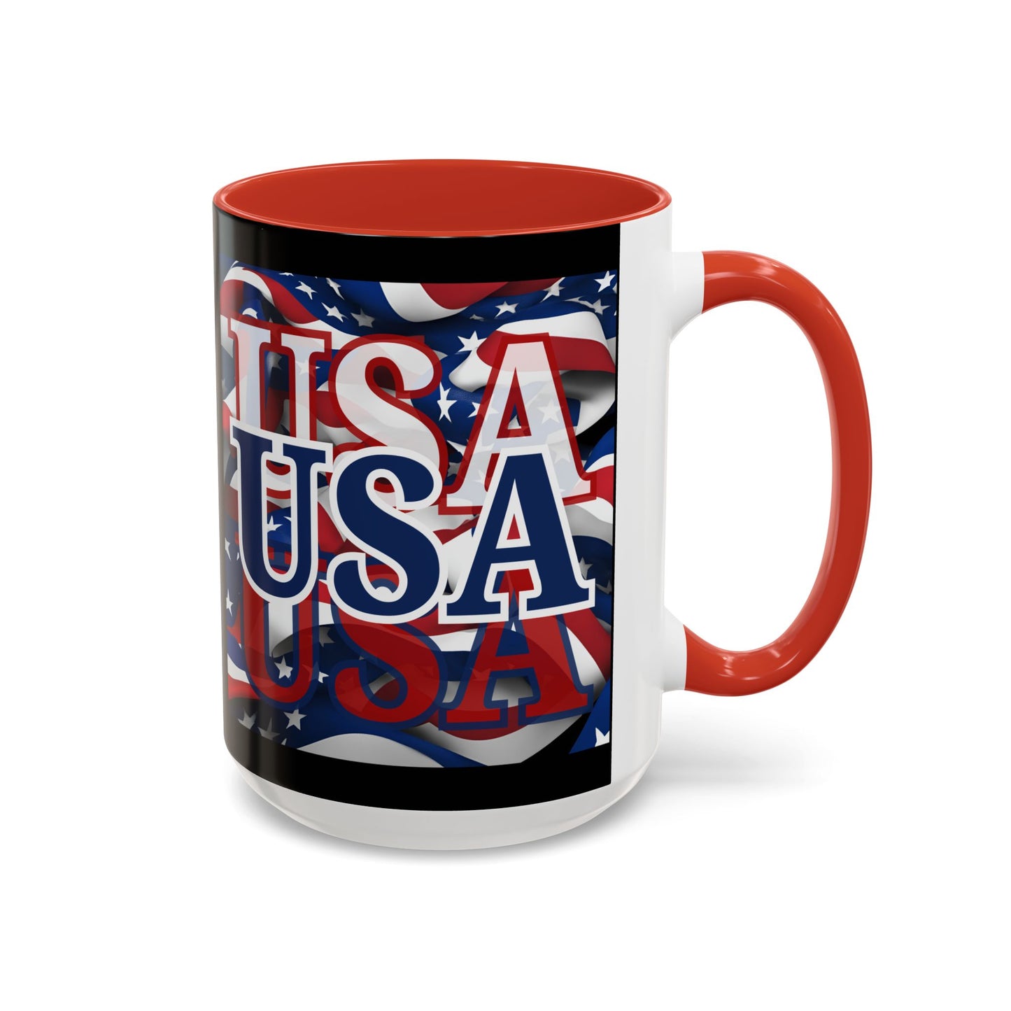 USA Blue font Center Patriot Black Accent Mug by theGreenDragonTavern.shop