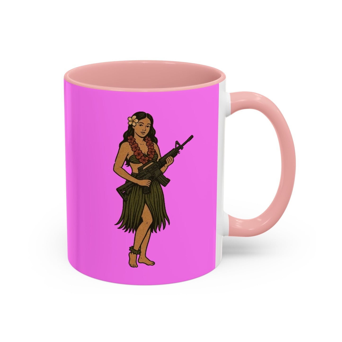 Hula Girl Packin' Heat Pink Accent Mug by theGreenDragonTavern.shop