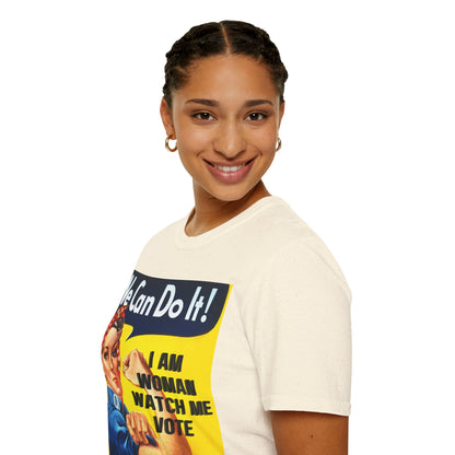 I Am Woman Watch Me Vote Rosie Light colors Unisex T-Shirt by theGreenDragonTavern.shop