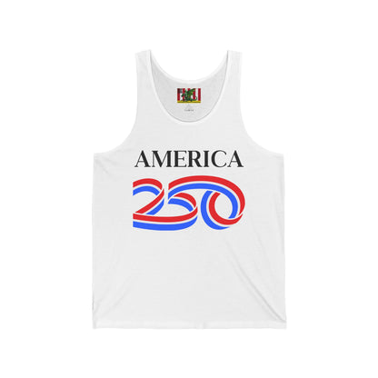America 250 Black font Unisex Jersey Tank Top by theGreenDragonTavern.shop