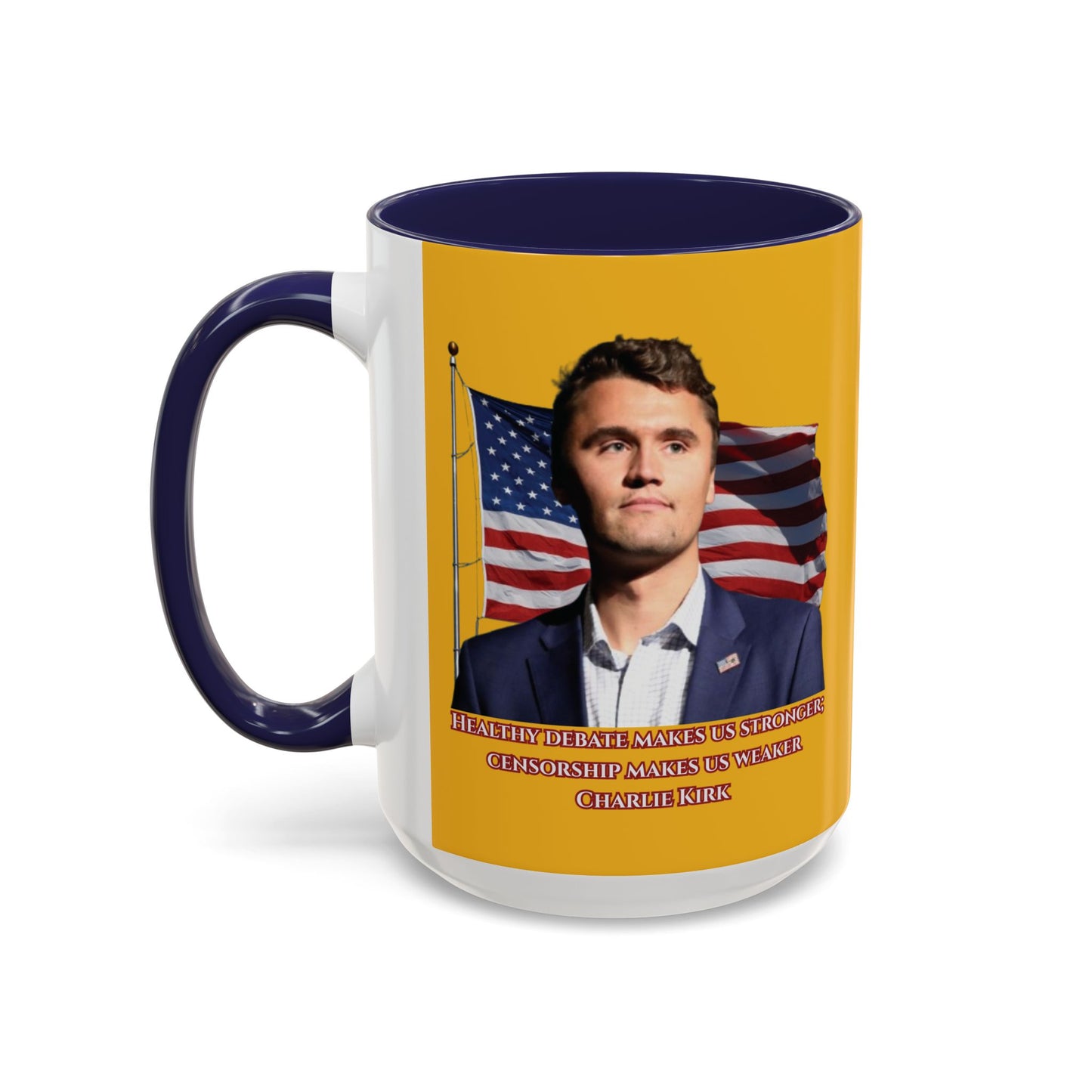 Charlie Kirk, Healthy Debate Yellow Accent Mug by theGreenDragonTavern.shop