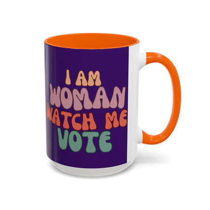 I Am Woman Watch Me Vote Dark Purple Accent Mug by theGreenDragonTavern.shop