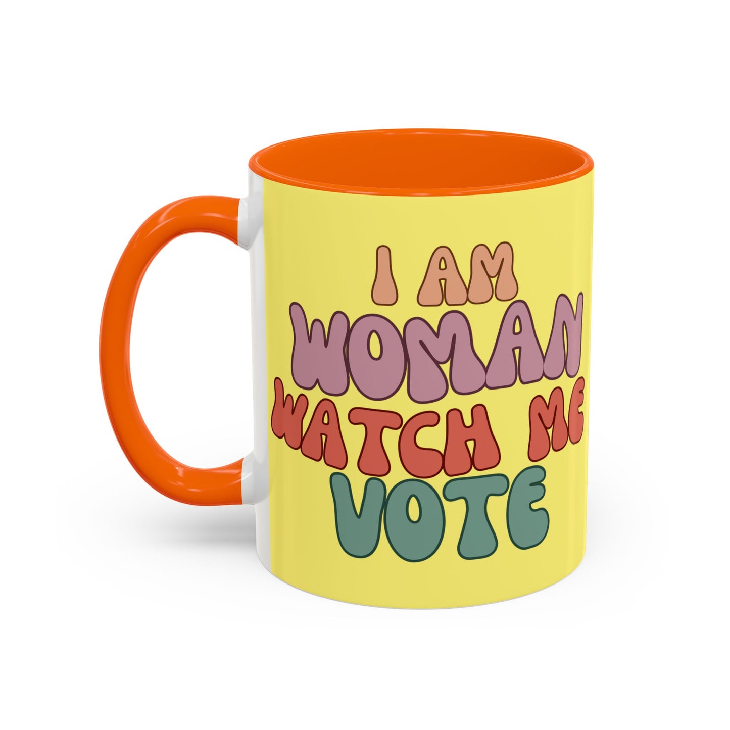I Am Woman Watch Me Vote Yellow Accent Mug by theGreenDragonTavern.shop