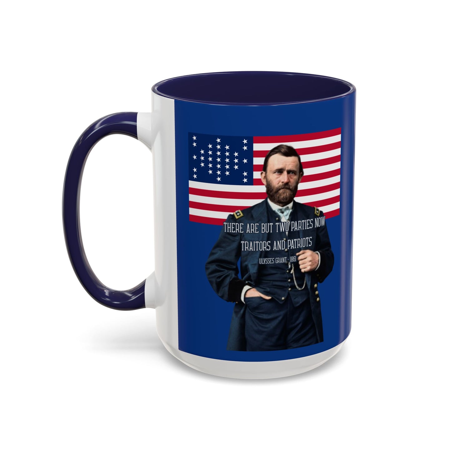 "Traitors and Patriots" Ulysses Grant Dark Blue Accent Mug by theGreenDragonTavern.shop