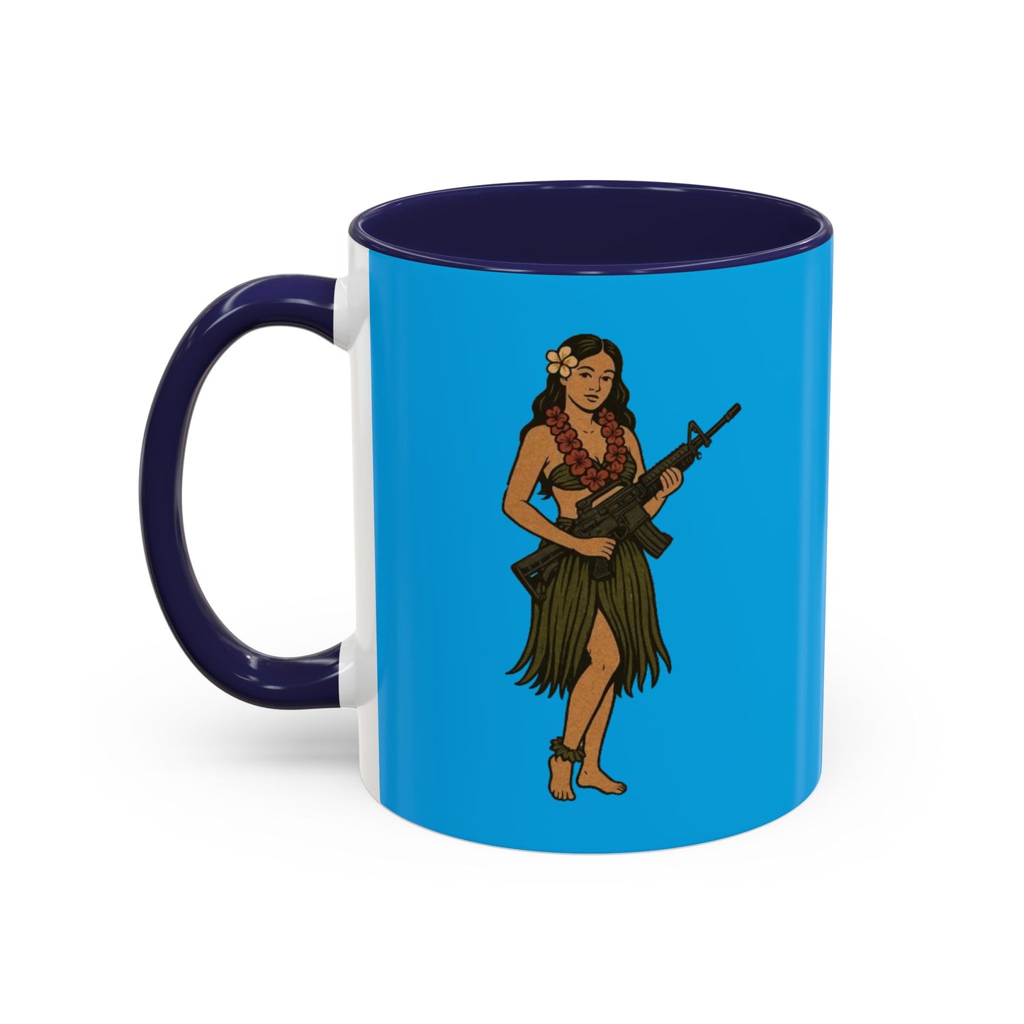 Hula Girl Packin' Heat Light Blue Accent Mug by theGreenDragonTavern.shop